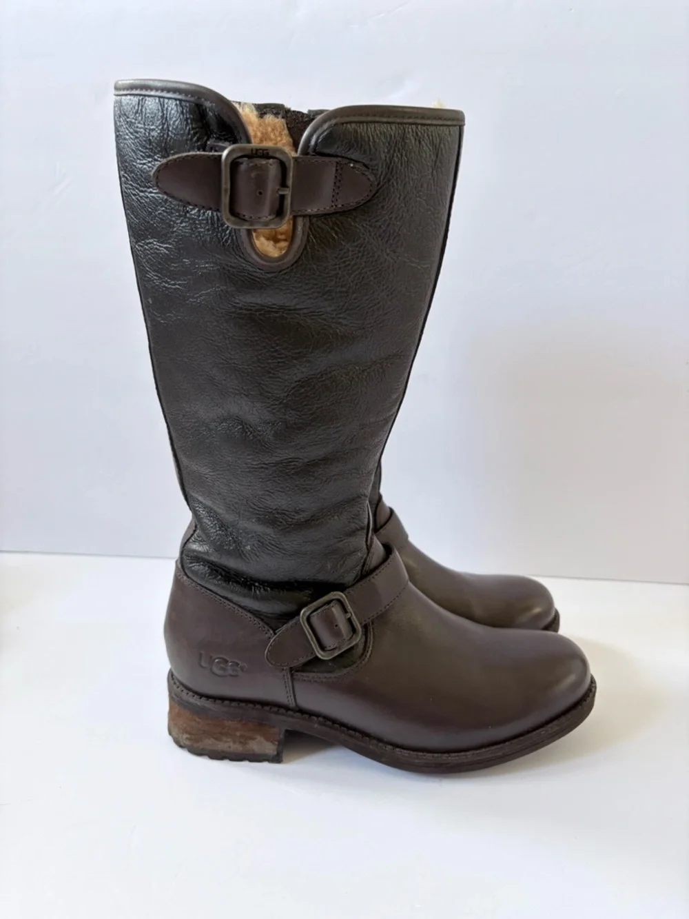 Ugg Chancery Tall Riding brown black Leather Boot Shearling Fur Lined Boot‎ 7.5